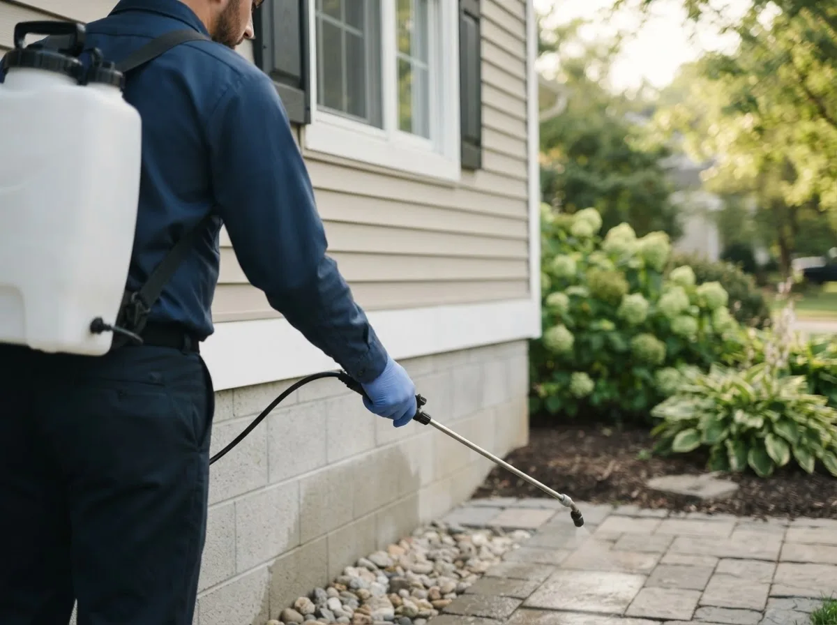 Pest control technician inspecting a home in Burlington, WV